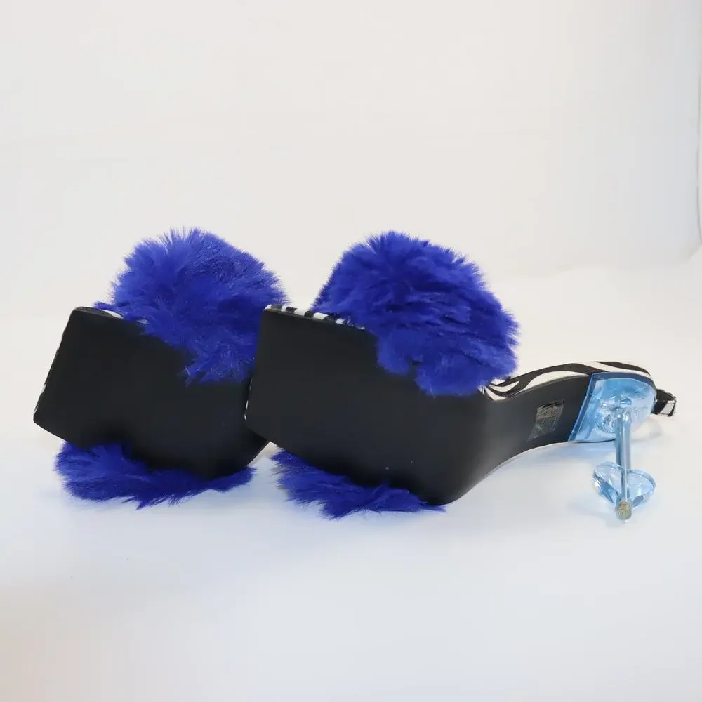 Public Desire Blue Faux Fur Zebra Print Heels Size‎ 8 NIB